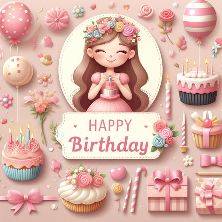 Happy birthday greeting card with cute cartoon girl and cake. illustration.の素材