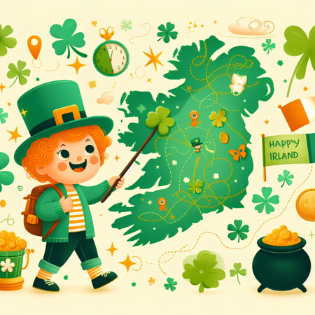 St. Patrick's Day background with leprechaun and treasure mapの素材