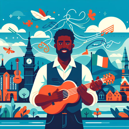 Man playing ukulele in the city. illustration.の素材