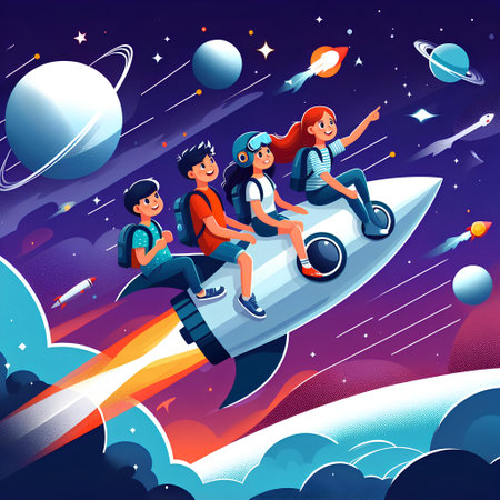 Cartoon kids flying on space rocket. illustration of kids flying in space.の素材