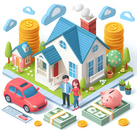 Real estate isometric composition with family couple standing near house and piggy bank illustrationの素材