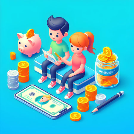Online banking, money transfer, online banking, e-commerce concept. Man and woman are sitting on the stack of coins, piggy bank, mobile phone. isometric illustrationの素材