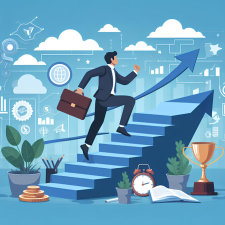 Businessman climbing up the stairs to success. illustration in flat styleの素材
