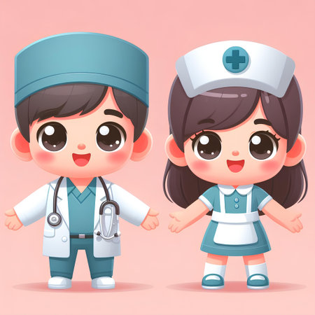 Cute cartoon doctor and nurse characters.  illustration for medical concept.の素材