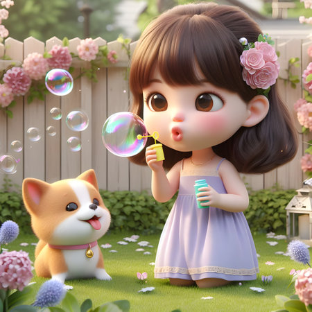 3D illustration of a cute girl playing with soap bubbles in the gardenの素材