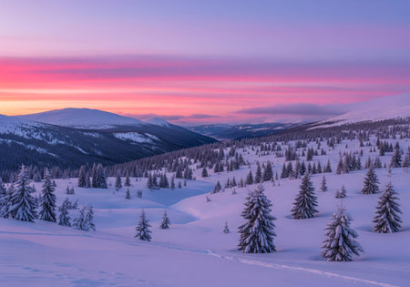 Majestic sunset in the winter mountains landscape. Dramatic wintry scene. Carpathian, Ukraine, Europe. Beauty world.の素材