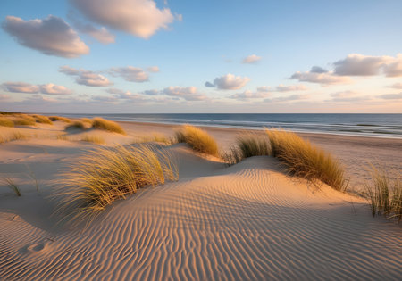 Sand dunes on the Baltic Sea coast in Poland at sunset.の素材