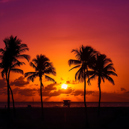 Silhouette of coconut tree on the beach at sunset time.の素材