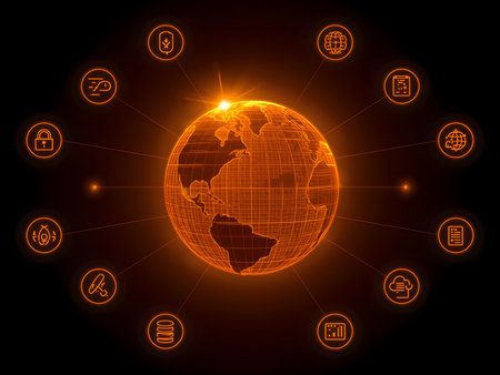Cryptocurrency and digital money concept. Wireframe planet earth with cryptocurrency icons. Vector illustration.の素材