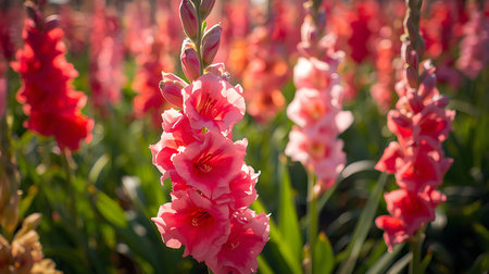 Pink gladiolus flowers blooming in the garden. Nature backgroundの素材