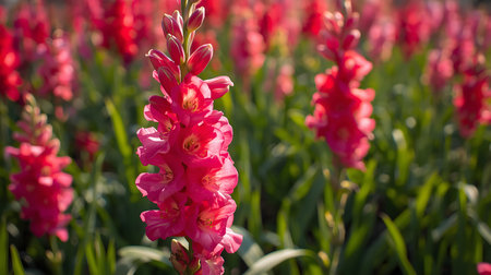 Pink gladiolus flowers blooming in the garden, stock photoの素材