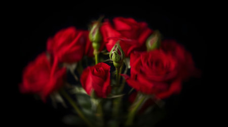 Bouquet of red roses on a black background. Selective focus.の素材