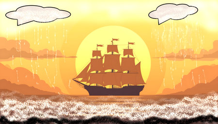 Sailing ship on the sea at sunset with clouds, vector illustrationの素材