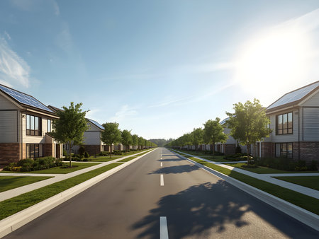Row of new houses with solar panels on the roof. 3d renderの素材