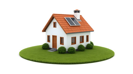 Small house with solar panels on the roof isolated on a white backgroundの素材