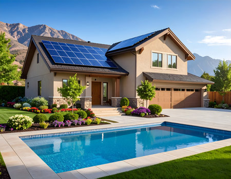 Modern house with solar panels on the roof and swimming pool. Northwest, USAの素材
