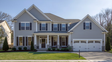 Front view of a home in a suburban neighborhood in New Jersey.の素材