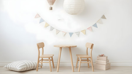 Interior of children's room with table and chairs, 3d renderの素材