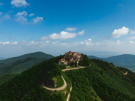 Aerial view of chinese buddhist temple on top of mountainの素材