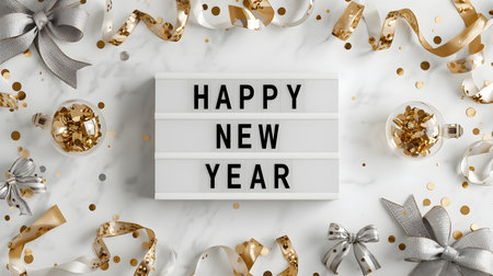 Happy New Year text in lightbox on white marble background, top view, flat layの素材