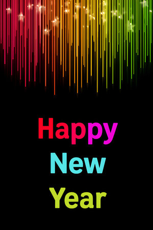 Happy New Year card with colorful stripes on black background. Vector illustration.の素材