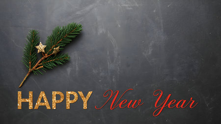 Happy New Year greeting card with fir tree branches on chalkboard backgroundの素材