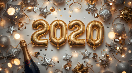 New Year 2020 celebration background with champagne bottle, golden numbers and confettiの素材