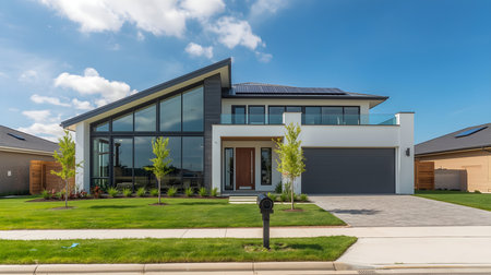 View of modern house with solar panels on the roof. Northwest, USAの素材