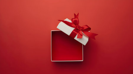 Top view of white gift box with red ribbon on red background.の素材