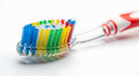 A detailed macro shot of a toothbrush, highlighting its vibrant, multi-colored bristles and transparent handle.の素材