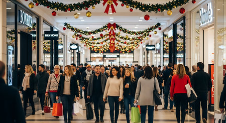 Crowded shopping mall during the holiday season with festive decorations.の素材