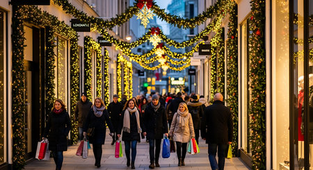 A bustling street filled with shoppers and adorned with festive Christmas lights and garlands, creating a magical holiday atmosphere.の素材