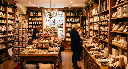 Interior view of a charming gift shop filled with various items on display, with customers examining products.の素材