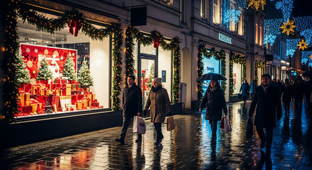 People walk along a decorated street at night during the Christmas season, with shop windows displaying festive scenes and the wet pavement reflecting the colorful lights.の素材