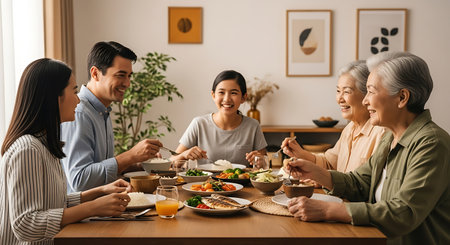 A warm and joyful scene of an Asian family, spanning multiple generations, sharing a delicious meal and conversation around a wooden table.の素材