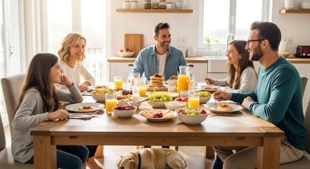 A happy family of five, including parents and three children, sharing a meal with fresh fruits, pancakes, and orange juice.の素材