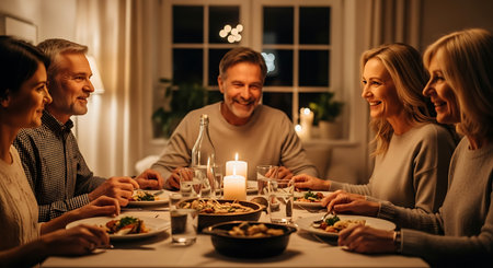 A warm and inviting scene of a group of people sharing a meal and conversation around a candlelit dining table.の素材