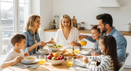 A joyful family, including parents and three children, shares a meal in a bright, modern kitchen, filled with natural light and laughter.の素材