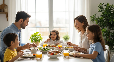 A happy family of four shares a meal, with parents and two children seated around a table laden with food.の素材