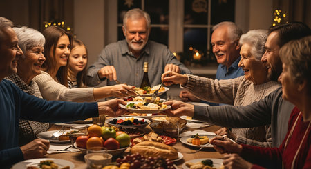 A multi-generational family enjoys a celebratory dinner together, sharing food and laughter around a well-laden table.の素材