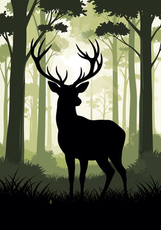 Silhouette of a deer in the forest. Vector illustration.のイラスト素材