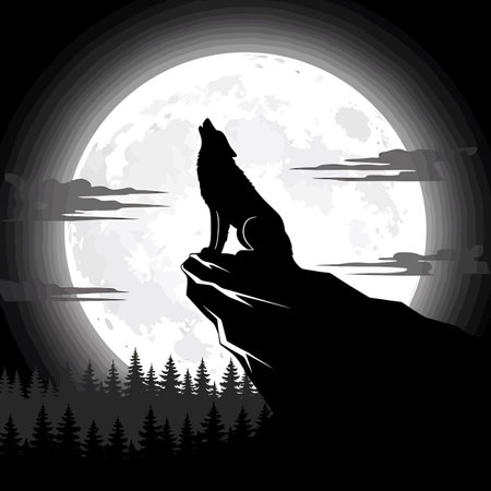 Wolf howling in front of the full moon. Vector illustration.のイラスト素材