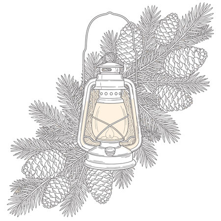 Lantern with pine branches and pine cones. Hand drawn vector illustration.のイラスト素材