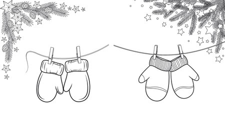 Christmas mittens hanging on a rope. Vector illustration for your designのイラスト素材