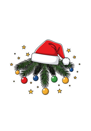 Christmas tree with santa hat and balls on white background. Vector illustration.のイラスト素材