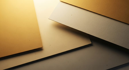 Close-up view of layered metallic surfaces in shades of gold and beige, creating an abstract and modern background.の素材