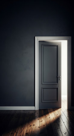 An open door reveals a bright light, casting a dramatic shadow across a dark room.の素材