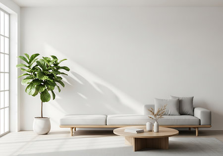 A bright and airy modern living room featuring a minimalist sofa, a round coffee table, and a large fiddle leaf fig plant.の素材