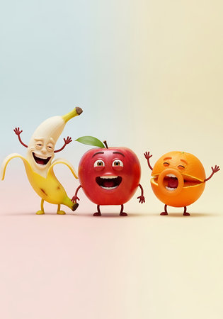 A cheerful banana, apple, and orange with faces dancing and having fun.の素材