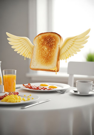 A slice of toast with golden wings hovers over a breakfast table with eggs, bacon, and orange juice.の素材